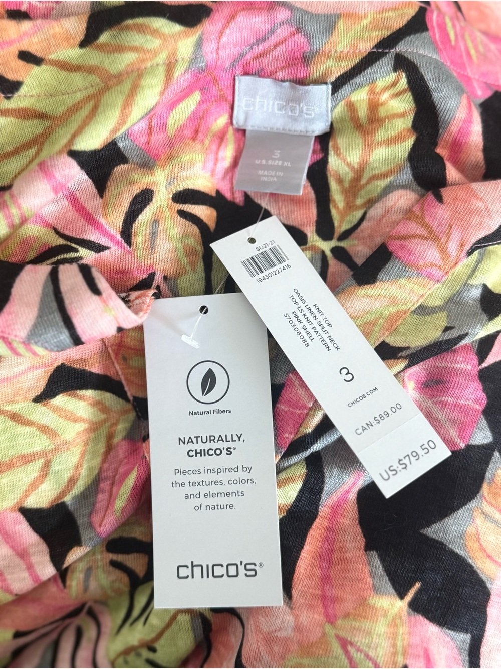 Chico’s Linen Floral V-Neck 3/4 Sleeve Top in Multi Pink XL - Picture 6 of 11